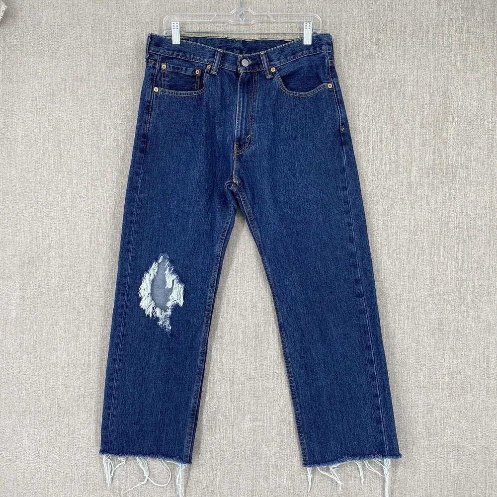 Levis 505 Regular Fit Jeans 32x34 Blue Distressed Raw Hem Straight Leg